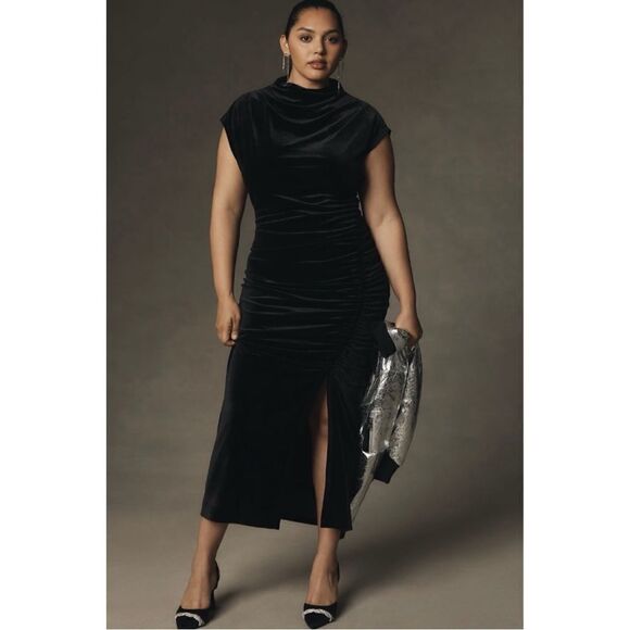 NEW Anthropologie Maya Black Ruched Cowl-Neck Velvet Side-Slit Lined Maxi Dress - Picture 5 of 7